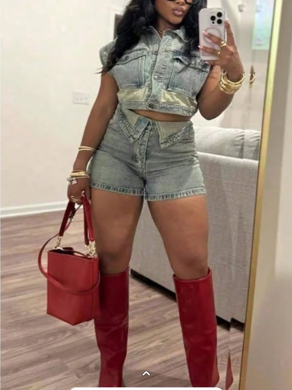 Two-Piece Washed Denim Crop Top & High-Waist Shorts Set with Cutout